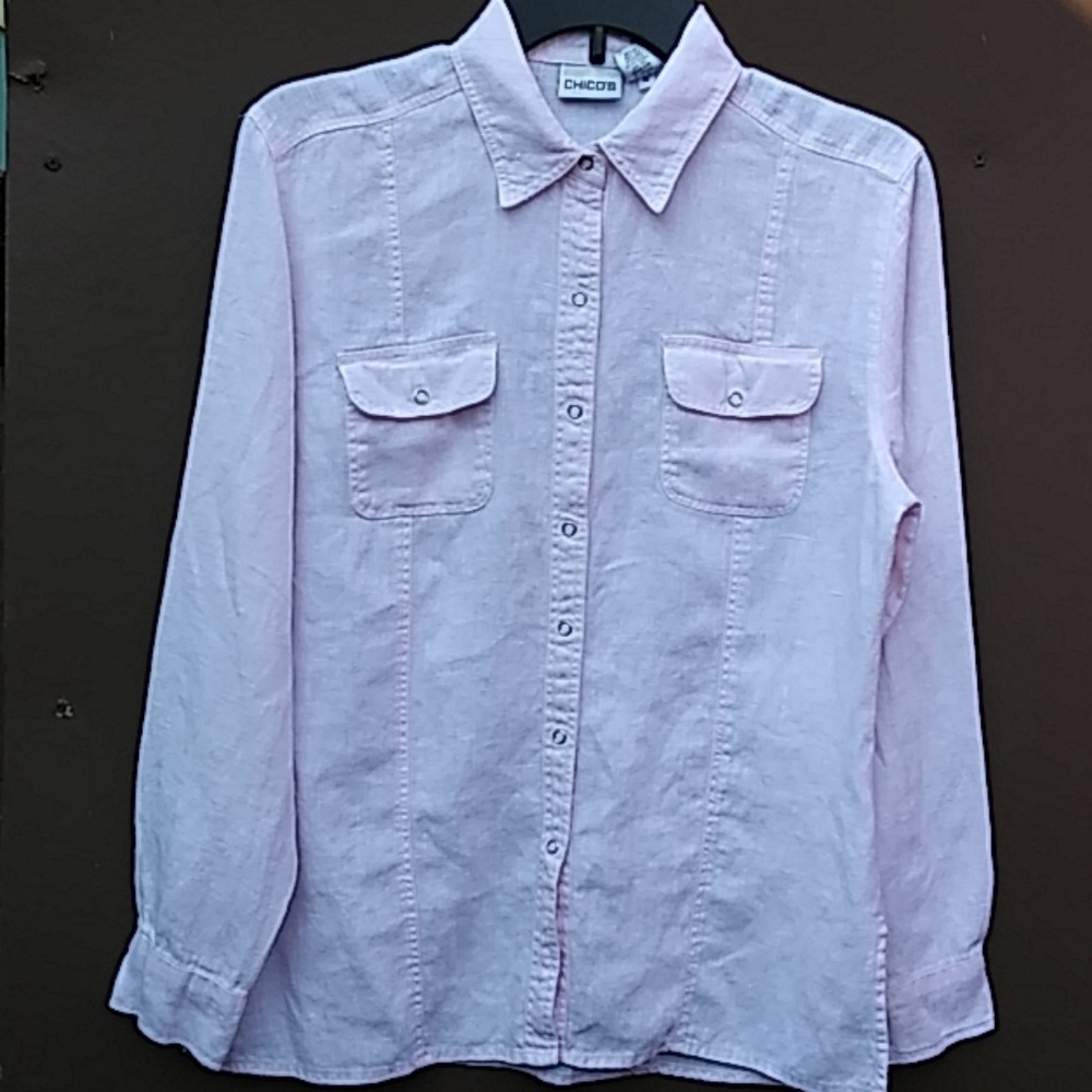 🎈Chico's 100% Linen Snaps Button Down Shirt Sz 0